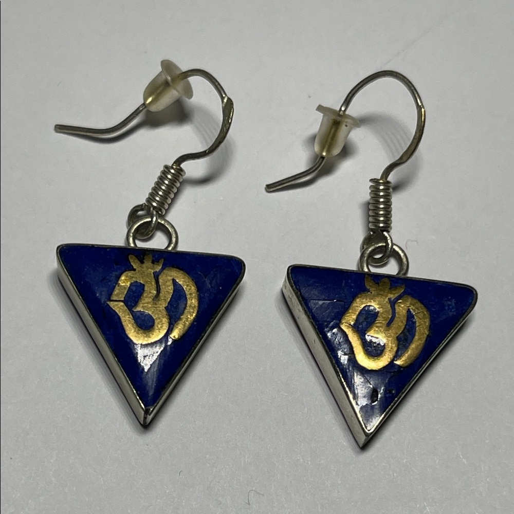 OM Blue and Silver Triangle Earrings